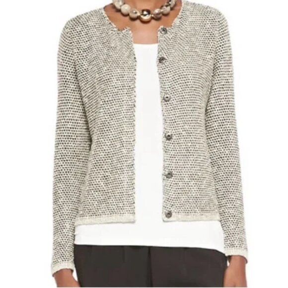 Eileen Fisher Malibu Linen Cotton Snap Front Cardigan Sweater Cream Black - Picture 1 of 10